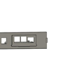 May include: A gray metal plate with a rectangular cutout and four smaller rectangular cutouts. The plate is likely for a device or electronic component.