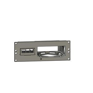 May include: A gray metal panel with rectangular cutouts and mounting holes. The panel has a rectangular opening and a smaller section with multiple rectangular openings. The design appears to be for an electronic component.