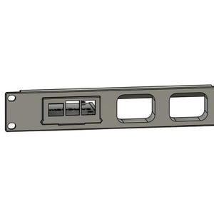 May include: A gray metal rack mount panel with three rectangular cutouts and two square cutouts. The panel has mounting holes on each end and a series of small rectangular openings.