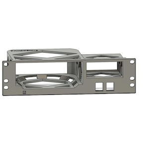 May include: A grey 3D-printed rack mount bracket featuring a large rectangular opening on the left and a smaller one on the right. The frame has a geometric lattice structure with hexagonal cutouts, two mounting holes on each side, and two small square ports on the front panel.