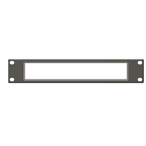 May include: A rectangular, dark grey metal panel with a central rectangular aperture. The panel features four small, circular holes, one in each corner, for mounting. The design is simple and functional, suitable for electronic equipment.