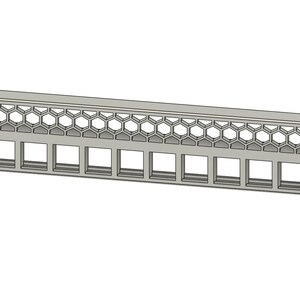 May include: A silver-colored patch panel with multiple rectangular and hexagonal openings. The panel has mounting holes on each end and is designed for network or data cable management. The design is clean and modern, suitable for professional installations.