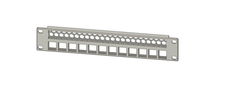 May include: A silver-colored patch panel with multiple rectangular and hexagonal openings. The panel has mounting holes on each end and is designed for network or data cable management. The design is clean and modern, suitable for professional installations.