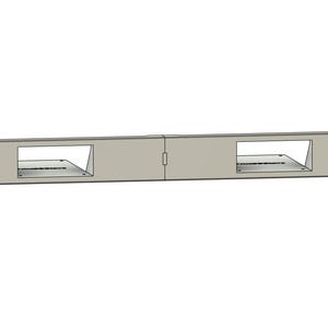 May include: A light gray, elongated rectangular rack mount panel featuring two centered, recessed rectangular cutouts. The panel includes two circular mounting holes on each far end, designed for standard equipment rack installation.