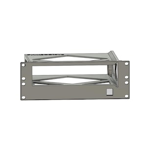 May include: A grey metal rack mount chassis featuring a rectangular front panel with four mounting holes on the sides, a large central rectangular cutout, and a small square opening on the bottom right. The frame has open diamond-shaped cutouts.
