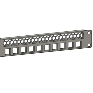 May include: A gray metal patch panel with a series of square and hexagonal openings. The panel has two mounting holes on each end. The design is symmetrical and industrial.