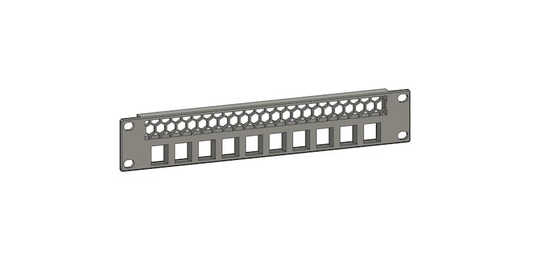May include: A gray metal patch panel with a series of square and hexagonal openings. The panel has two mounting holes on each end. The design is symmetrical and industrial.