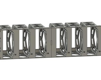 May include: A gray metal computer fan rack with six individual fan compartments. Each compartment has a fan-shaped design. The rack has mounting holes on the sides and a central door.