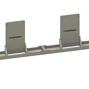 May include: A light gray 3D-printed device with two vertical rectangular panels and a horizontal base. The panels have the text "Print3DStave" printed on them. The device appears to be a support or holder for another object.