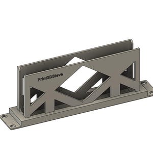 May include: A gray 3D-printed bracket with geometric cutouts and the text "Print3DSteve." The bracket has a rectangular base with mounting holes and two vertical supports. The design features diamond and triangle shapes.