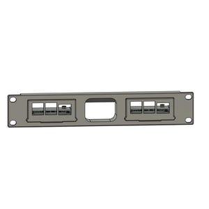 May include: A grey metal rack-mount patch panel featuring two rectangular cutouts on the left and right sides, each containing three smaller square ports, and a single larger square cutout positioned in the centre of the horizontal frame.