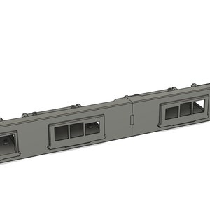 May include: A gray metal rack mount panel with several rectangular openings and mounting holes. The panel has a series of small square openings and a larger rectangular opening. The panel is designed for electronic equipment.