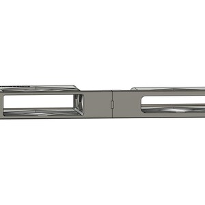May include: A gray metal bracket with two rectangular openings and a central hinge. The bracket has a series of small holes along the edges and is designed for mounting or structural support. The design is simple and functional.