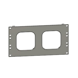 May include: A rectangular gray metal rack mount panel featuring two large square cutouts with rounded corners. The panel includes four small circular mounting holes on each side and two small tabs along the top edge for installation.
