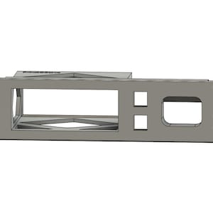 May include: A gray metal rack mount component with rectangular and square openings. The component has a box-like structure with a diamond-shaped support inside. There are mounting holes on the sides.