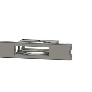 May include: A gray metal rectangular box with a cutout in the center. The cutout is a geometric design with a rectangular opening.