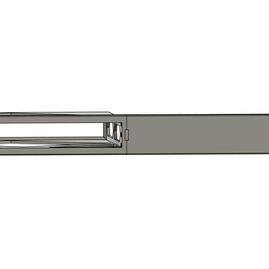 May include: A gray metal shelf with a rectangular design. The shelf has a hollow section with a rectangular frame and a solid, flat section. The shelf has two small holes on the right side.