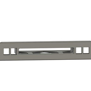 May include: A grey metal rack mount panel with rectangular and square cut-outs. The panel has four mounting holes, two on each end. The centre section has a series of cut-outs.
