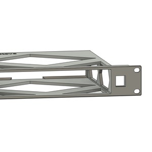 May include: A silver-colored metal rack mount with a rectangular frame and diamond-shaped cutouts. The rack has a square opening and several screw holes for mounting equipment. The text "FUSION 360" is visible on the top.