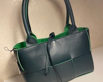 Handmade Leather Cassette Bag, Woven Leather Bag, Tote Leather Bag, Green Braided Bag, Woven bag, Leather Cassette Bag, Green Cassette Bag