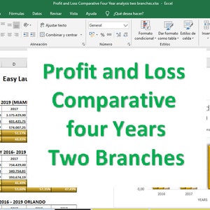 May include: A spreadsheet with a green title that reads "Profit and Loss Comparative four Years Two Branches". The spreadsheet shows a profit and loss summary for two branches, Miami and Orlando, for the years 2016, 2017, 2018, and 2019. A bar graph shows the net income for each year.