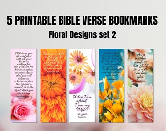 5 Printable Bible Verse Bookmarks Floral Set 2, 2"x6" Size, Instant Download