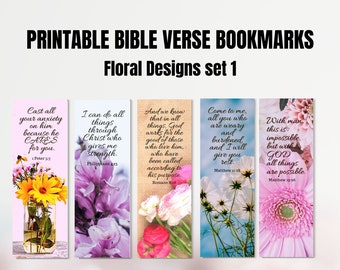 5 Printable Bible Verse Bookmarks Floral set 1, 2"x6" Size, Instant Download