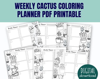 Undated Weekly Cactus Coloring Planner PDF Printable, 8.5 in x 11 in, Letter size, 2024 and 2025 Calendar