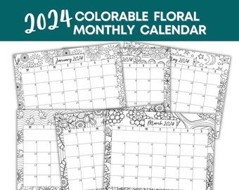 Printable Colorable Floral Monthly Calendar, 2024 Dated Monthly Planner, 8.5 in x 11 in or Letter Size PDF Download