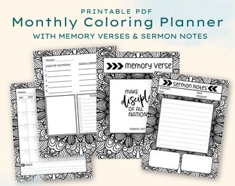 Printable Floral Coloring Planner, Undated Monthly, Goal Planner, Bible Memory Verse, Sermon Notes, 8.5"x11"