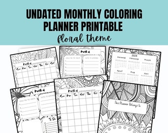 Undated Monthly Coloring Planner PDF Printable, Floral-Theme Coloring Pages, 8.5x11