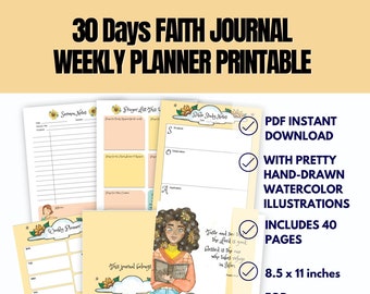 30-Days Faith Journal PDF Printable, Weekly Planner, Sermon Notes, Bible Study Notes, Prayer Log, Bible Reading Tracker8.5 in x 11 in