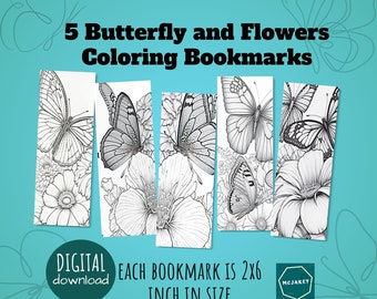 5 Printable Bookmarks with Butterfly and Flowers to Color Yourself, 2"x6" size, Instant Digital Download