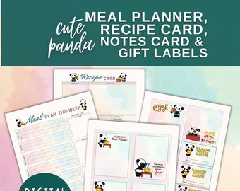 Cute Panda Printable Meal Planner, Recipe Card, Notes Card, Gift Labels, 8.5x11 in or Letter size PDF Download