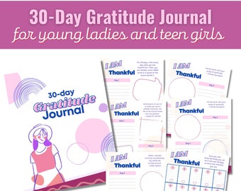 30-Day Gratitude Journal for Teen Girls PDF Printable, Pink and Purple Theme, Size 8.5x11 in