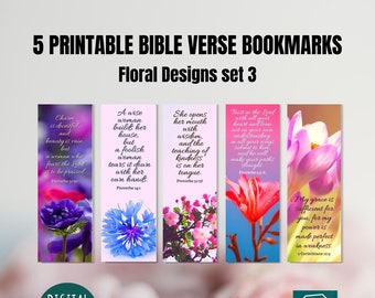 5 Printable Bible Verse Bookmarks Floral Set 3, 2"x6" Size, Instant Download