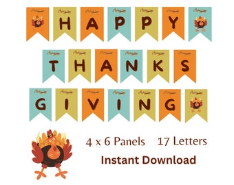 Printable Happy Thanksgiving Banner, 4x6 inches, Instant Download