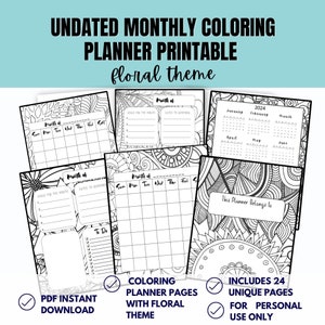 Planner mensile da colorare senza data PDF stampabile, pagine da colorare a tema floreale, 8.5x11
