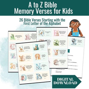 Tarjetas didácticas imprimibles de la A a la Z con versículos bíblicos para memorizar para niños, tarjetas con las Sagradas Escrituras de 2,5" x 4", regalo imprimible en formato PDF