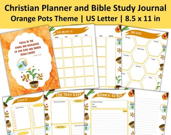 Printable Christian Planner and Bible Study Journal, Sermon Notes, Monthly, Weekly, Daily Planner, Orange Pots Theme, 8.5 in x 11 in, PDF