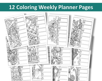 May include: Twelve black and white printable colouring pages featuring weekly planner layouts with different nature-themed illustrations. Each page has a space for the week of and days of the week: Monday, Tuesday, Wednesday, Thursday, Friday, Saturday, and Sunday.