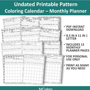 Undated Printable Pattern Coloring Calendar, Monthly Planner, 8.5 in x 11 in, Letter or A4 size, PDF Instant Download