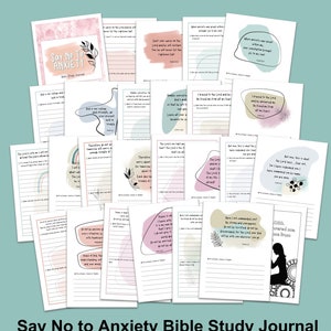 May include: A pink and blue Bible study journal with the title "Say No To Anxiety" and several pages with inspirational quotes and space for writing.