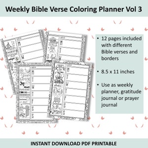 Op de afbeelding: Een printbare planner met 12 pagina's met verschillende Bijbelteksten en randen. Elke pagina heeft een wekelijkse lay-out met ruimte om te schrijven en te kleuren. De planner is 8,5 x 11 inch en kan worden gebruikt als een wekelijkse planner, dankbaarheidsdagboek of gebedsdagboek.
