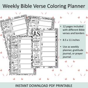 Planificador semanal para colorear de versículos bíblicos, diario de oración, volumen 1 imprimible en PDF, 8,5 x 11 pulgadas.