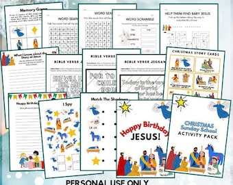 Christmas Sunday School Activity Pages, Printable Games and Worksheets to Teach the Christmas Story to Kids, Instant Download