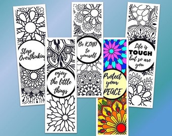 Set of 5 Printable Self-Care Coloring Bookmarks, Floral Zen Designs, 2"x6" size, Instant Digital Download