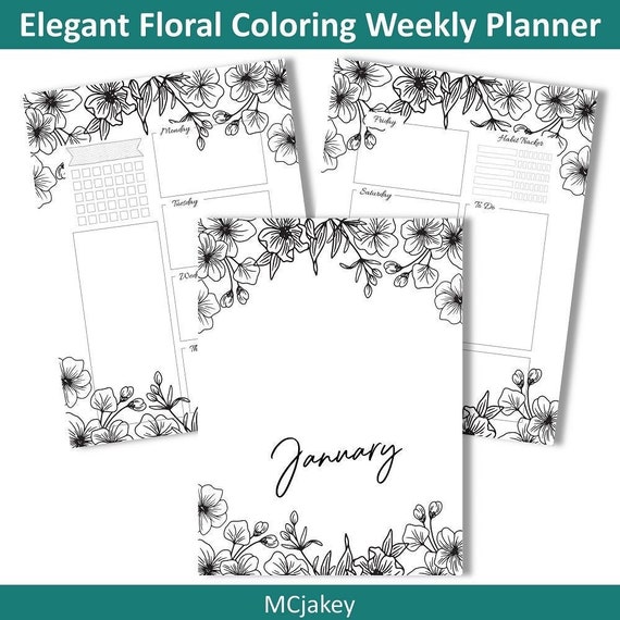 Printable Floral Coloring Weekly Planner Undated Weekly | Etsy