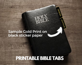 Printable Bible Tabs in Black and Gold Print, PDF Download, 8.5 x 11 in, Print on White or Black Sticker Paper or Cardboard