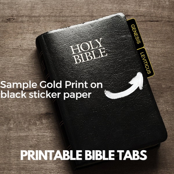 Printable Bible Tabs in Black and Gold Print, PDF Download, 8.5 x 11 in, Print on White or Black Sticker Paper or Cardboard